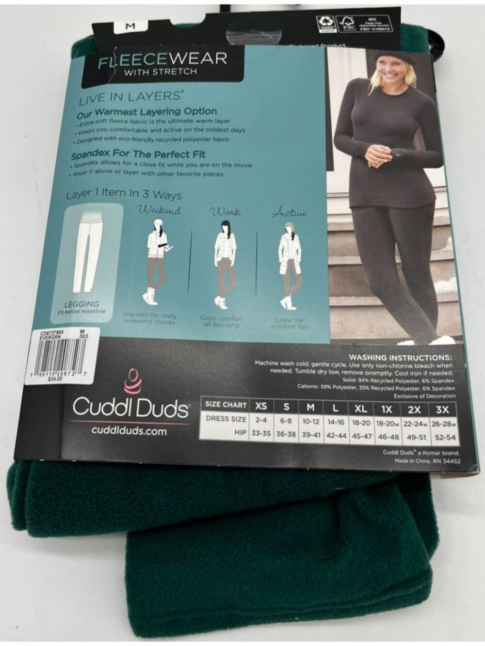 Cuddl Duds Women's Fleecewear Leggings Warm Layer Stretch Size M Dark Green - Picture 2 of 5